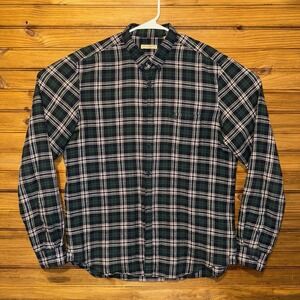 Burberry Flannel Shirt Mens Size Large Plaid Green Blue Engraved Buttons Cotton